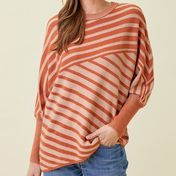 MYSTREE Taupe & Cream Diagonal Stripe Dolman Sleeve Sweater Asymmetrical Hem - Picture 1 of 8